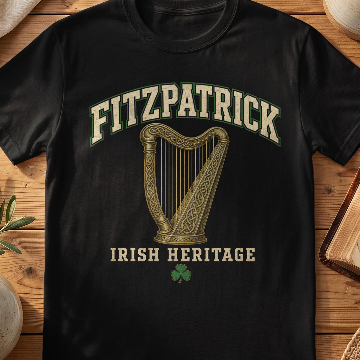 Fitzpatrick Irish harp T-shirt in Black, with cream surname lettering, a gold-toned harp, green shamrock and “Irish Heritage” text.