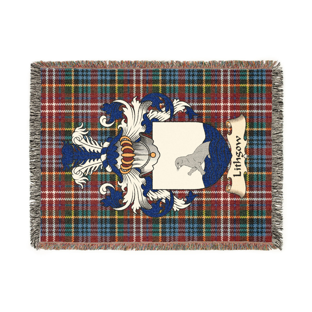 Lithgow Scottish woven blanket with family shield and Caledonia tartan background
