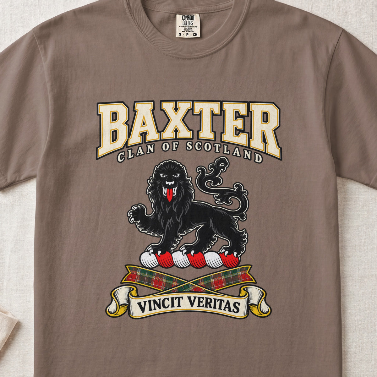 Baxter Scottish clan graphic T-shirt in Espresso, front view