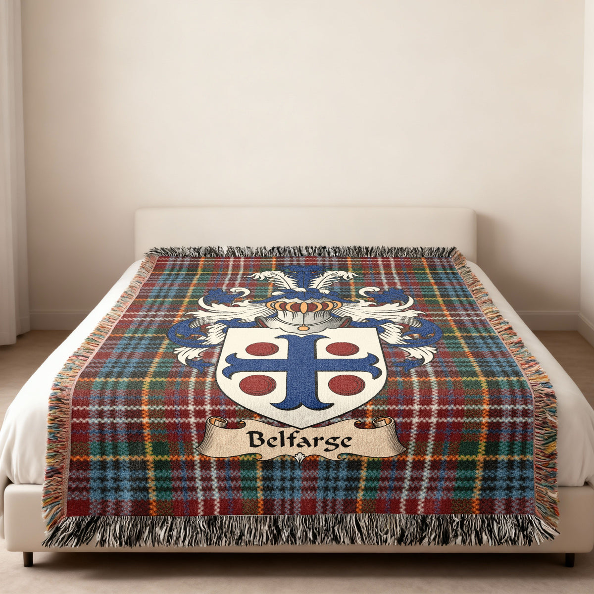 Belfarge family crest emblem on a Caledonia tartan woven blanket