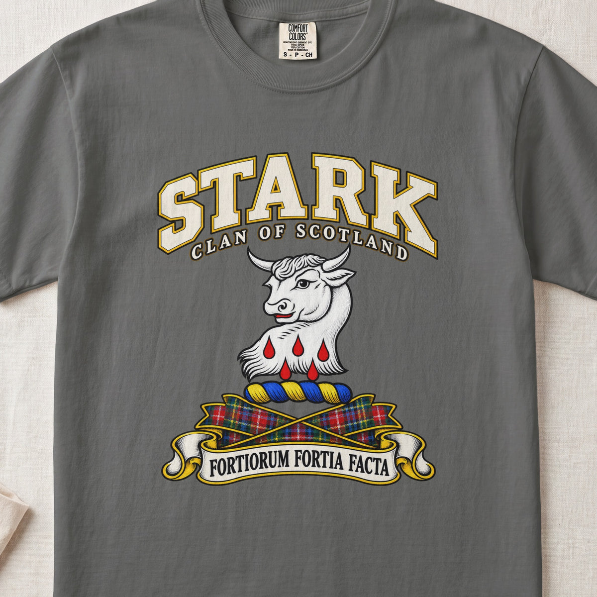 Stark Scottish clan T-shirt in Pepper, front view with a white bull head with red drops below and motto banner.