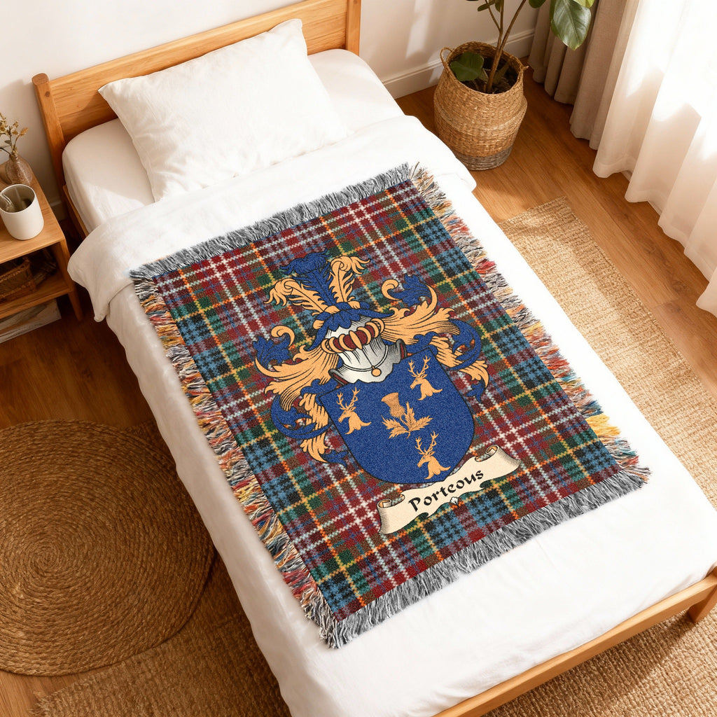 Porteous Caledonia tartan heritage woven throw blanket with family shield