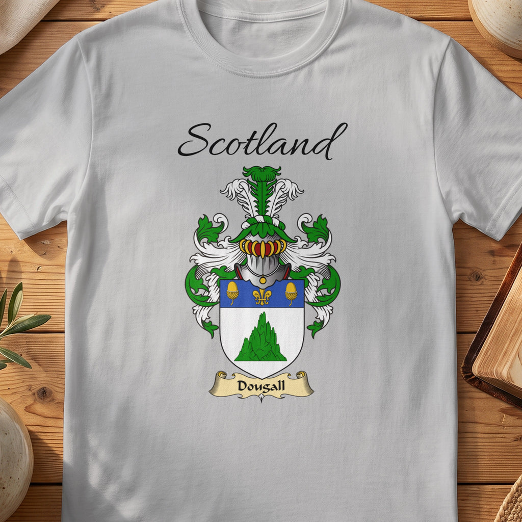 Sport Grey Dougall Scottish family shield T-shirt featuring a green mound beneath a blue top band