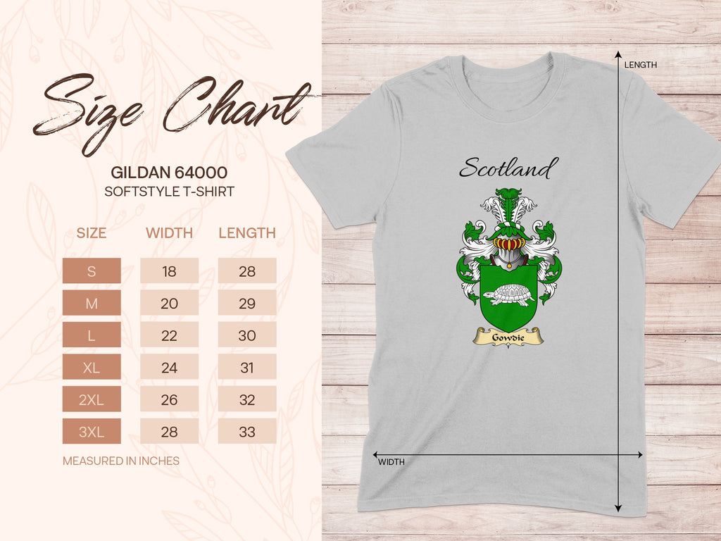 Gildan 64000 size chart for the Gowdie unisex T-shirt, sizes S to 3XL