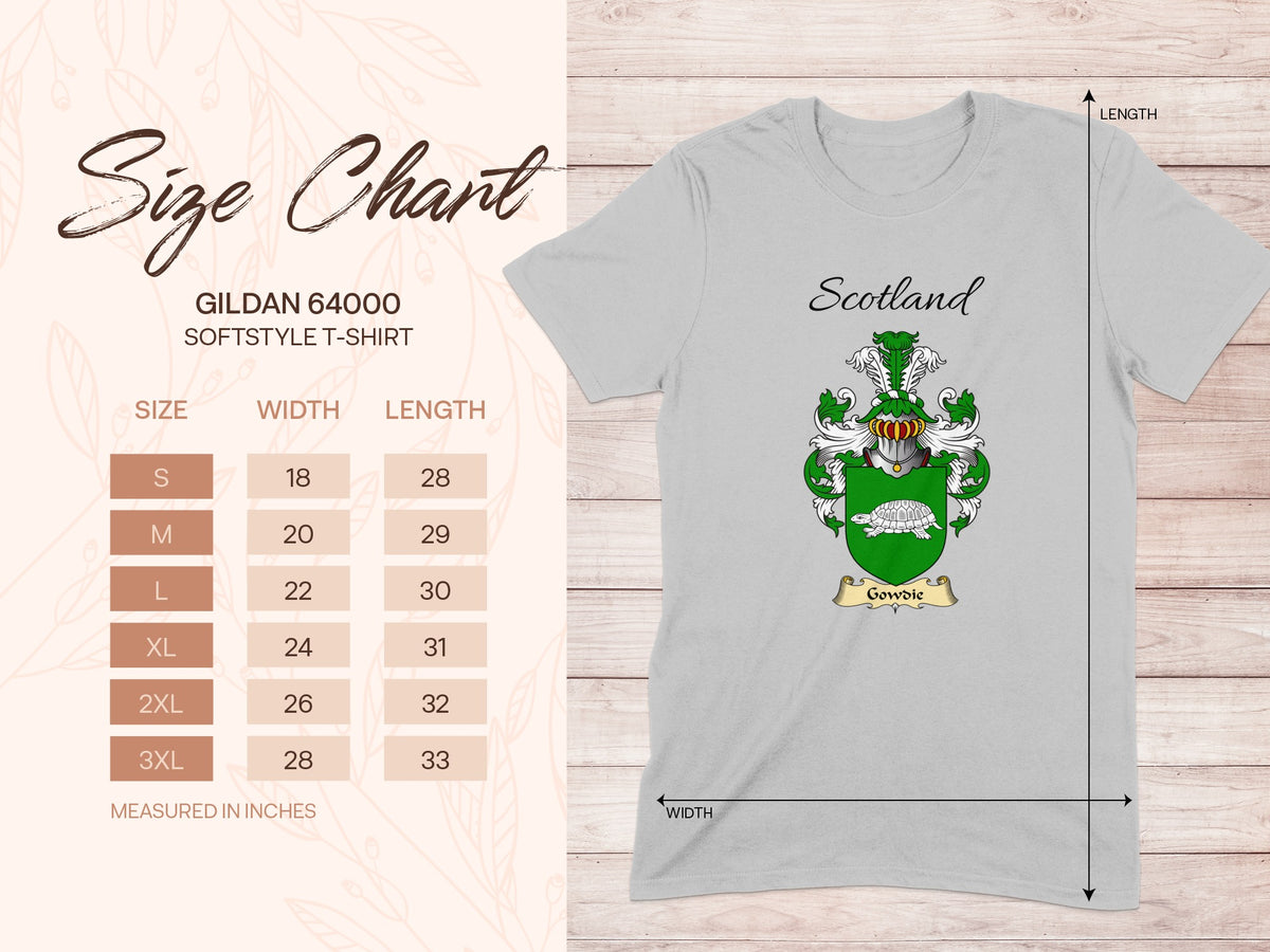Gildan 64000 size chart for the Gowdie unisex T-shirt, sizes S to 3XL