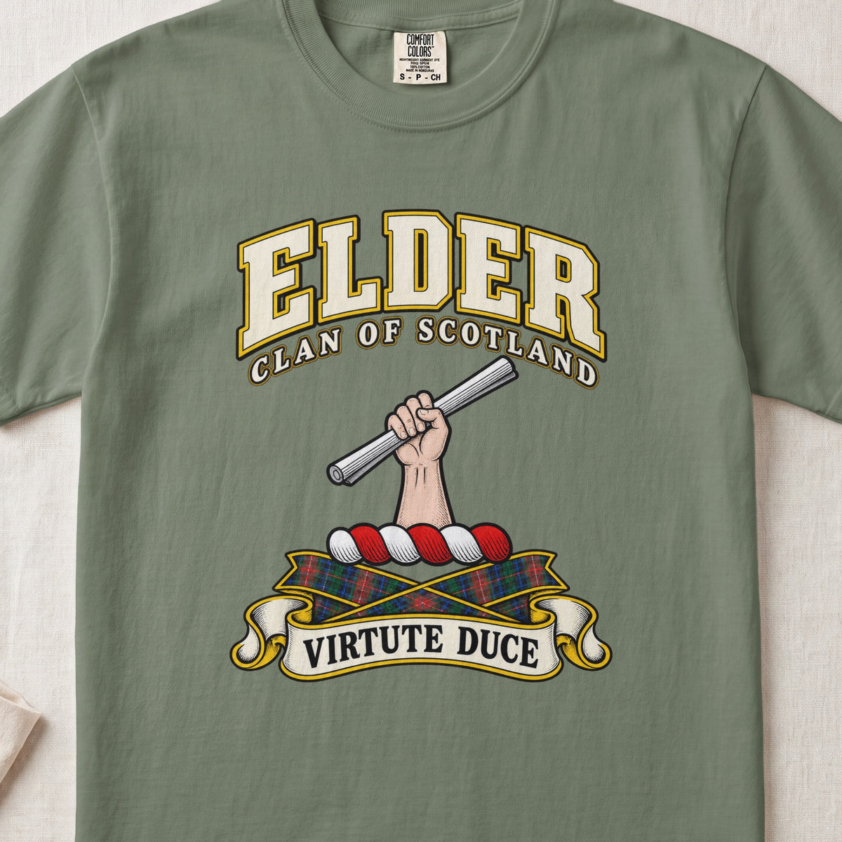 Elder Scottish clan T-shirt in Moss, front view with a hand holding a silver rod and motto banner.