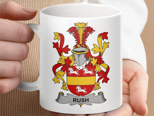 Rush Family Crest Coat of Arms Design Mug - Celtic Ancestry Gifts