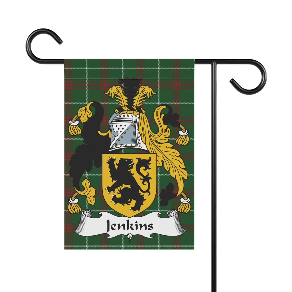 Jenkins family crest displayed on a green tartan plaid garden flag.