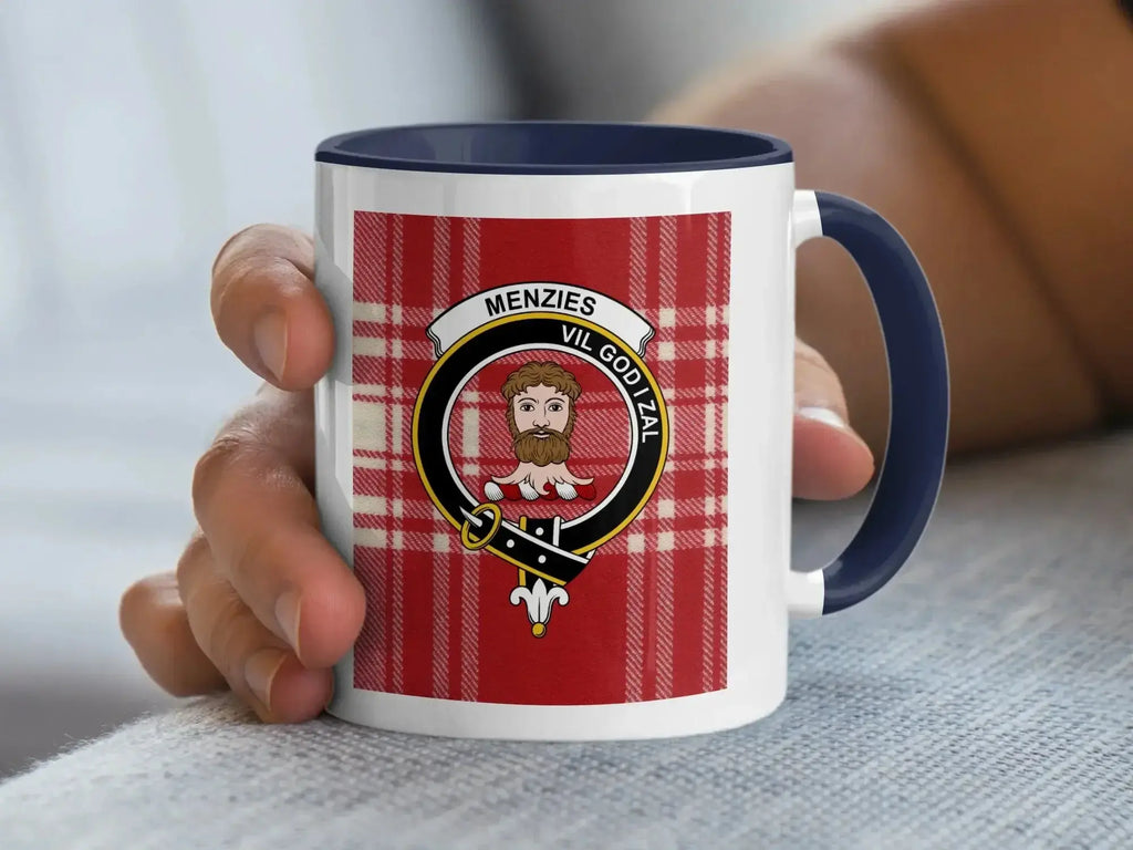 Clan Menzies tartan accent mug with black handle — 11oz glossy ceramic with crest and Vil God I Zal motto