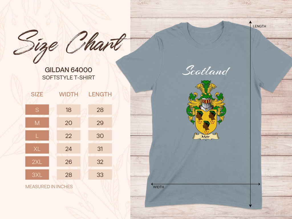 Gildan 64000 size chart for Moir Scottish family shield T-shirt