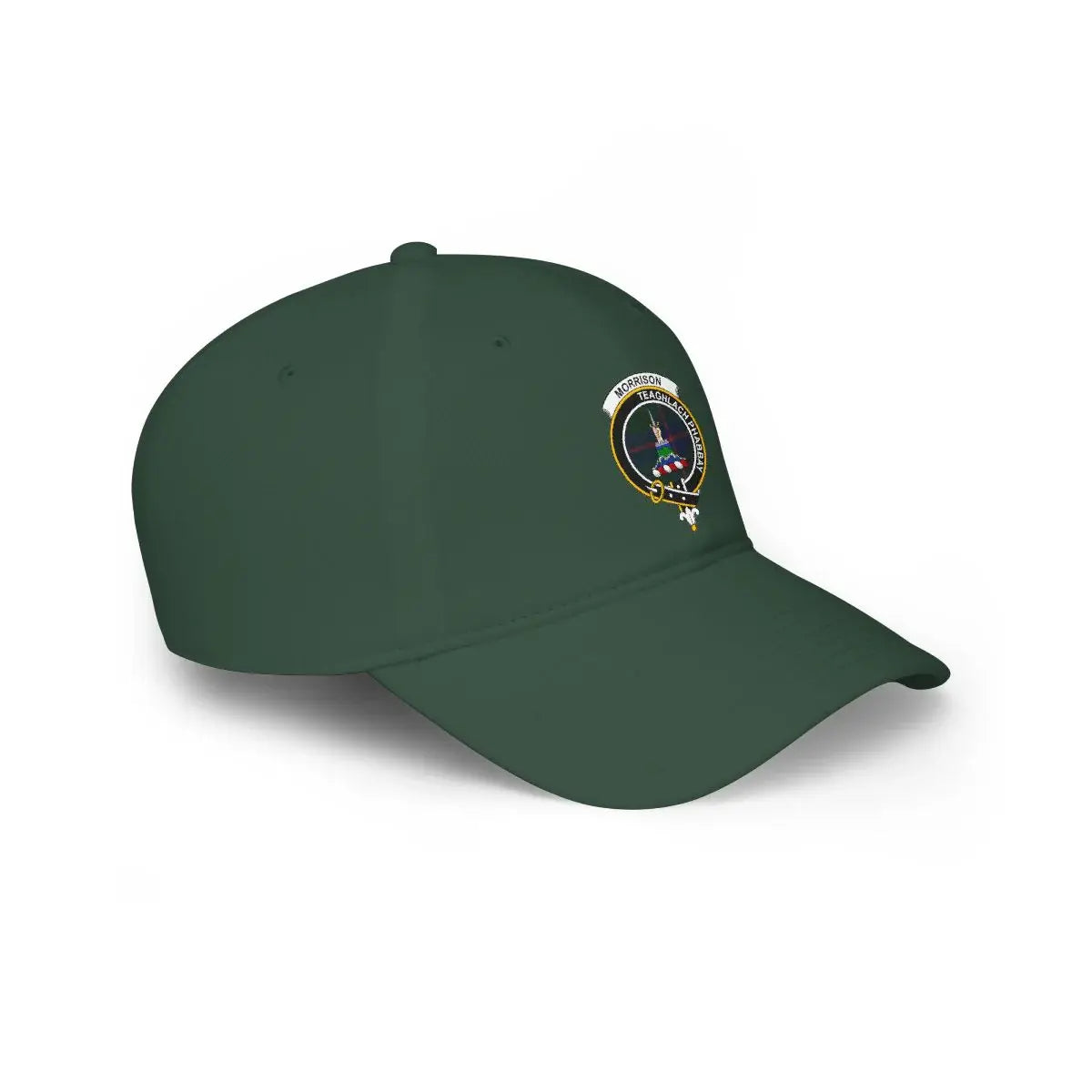 Morrison clan crest cap in dark green — three-quarter view showing printed Scottish clan design
