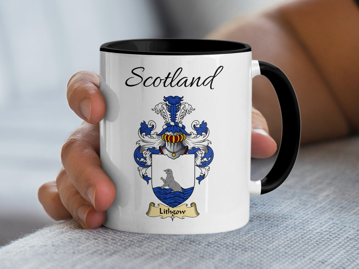 Lithgow Scottish family crest accent mug with Scotland above the coat of arms design