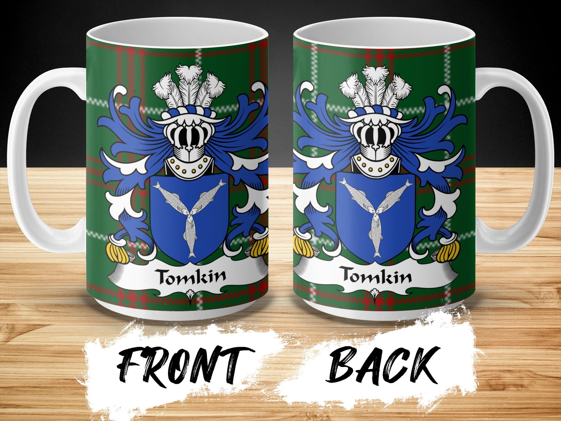 Tomkin Coat of Arms on Welsh National Tartan Background Mug - Living Stone Gifts