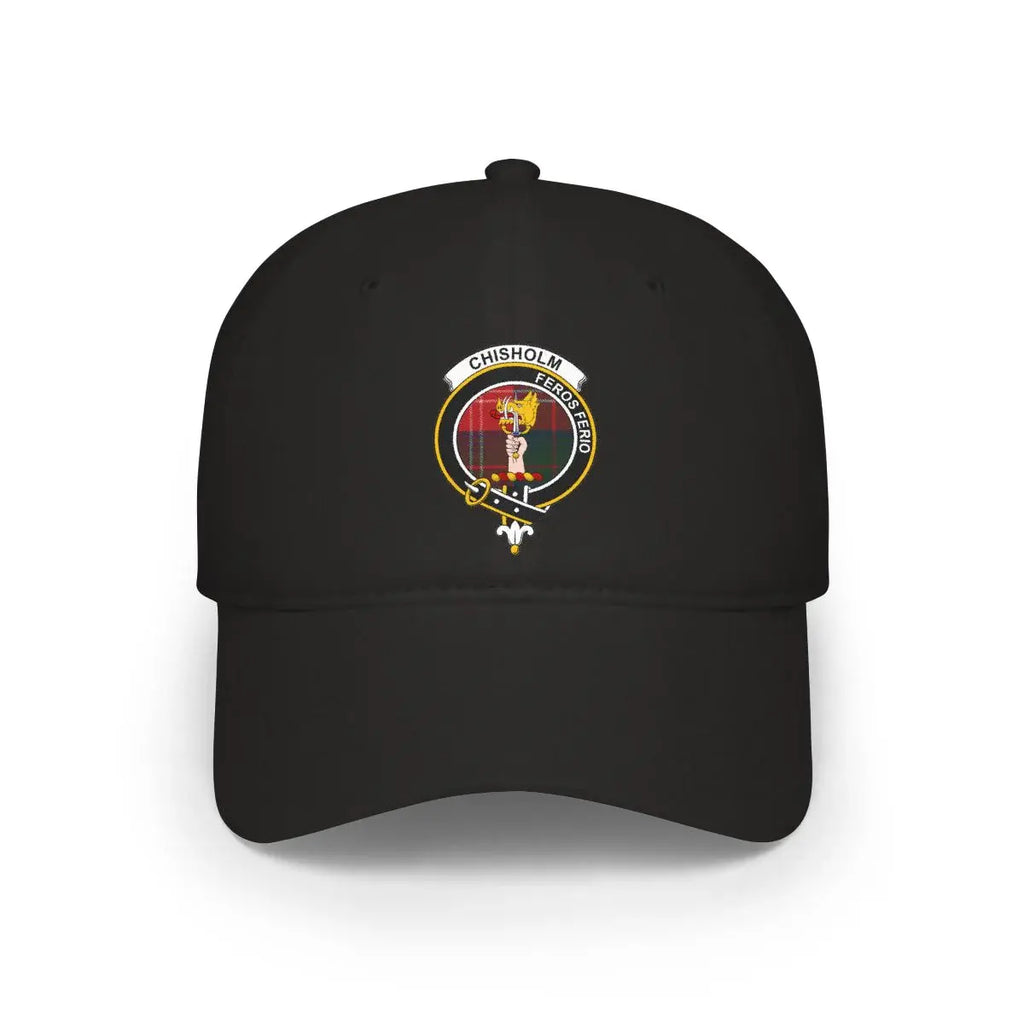 Chisholm clan crest tartan cap in khaki — 100% cotton with green-red heraldic design on front panel