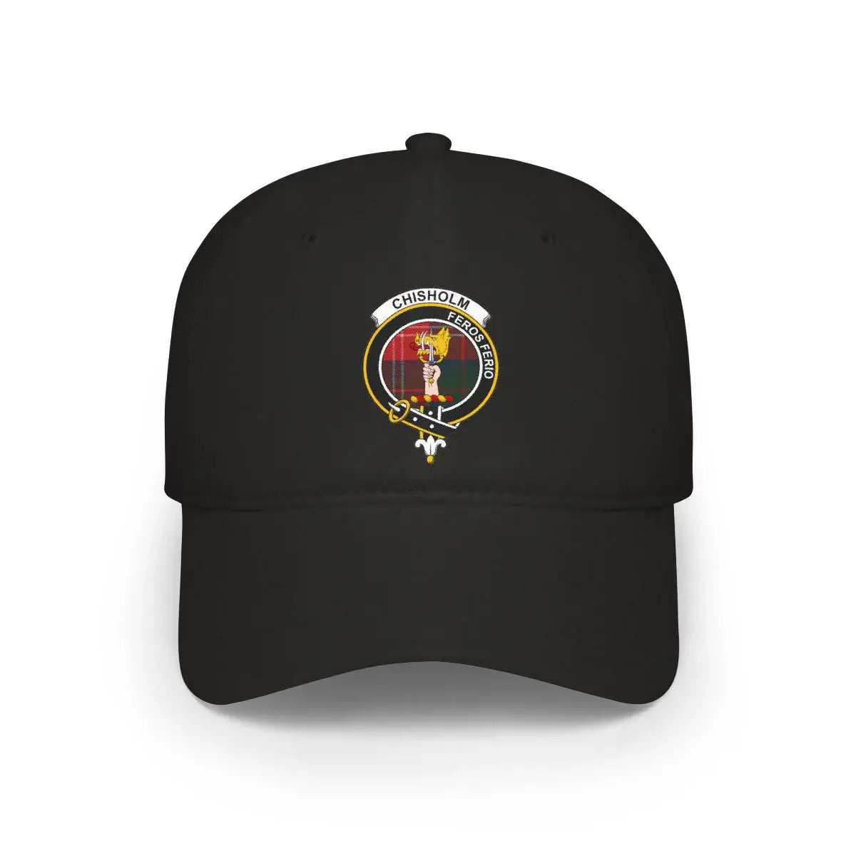 Chisholm clan crest tartan cap in khaki — 100% cotton with green-red heraldic design on front panel