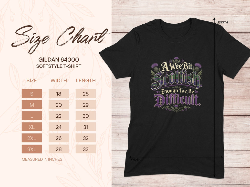 Size chart for Gildan 64000 softstyle t-shirt with measurements in inches.