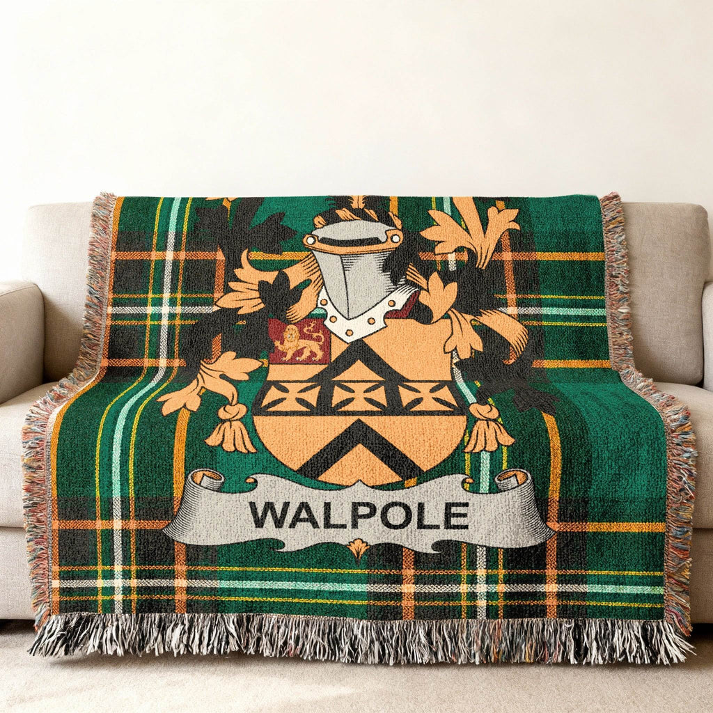 Green plaid blanket with Walpole crest.
