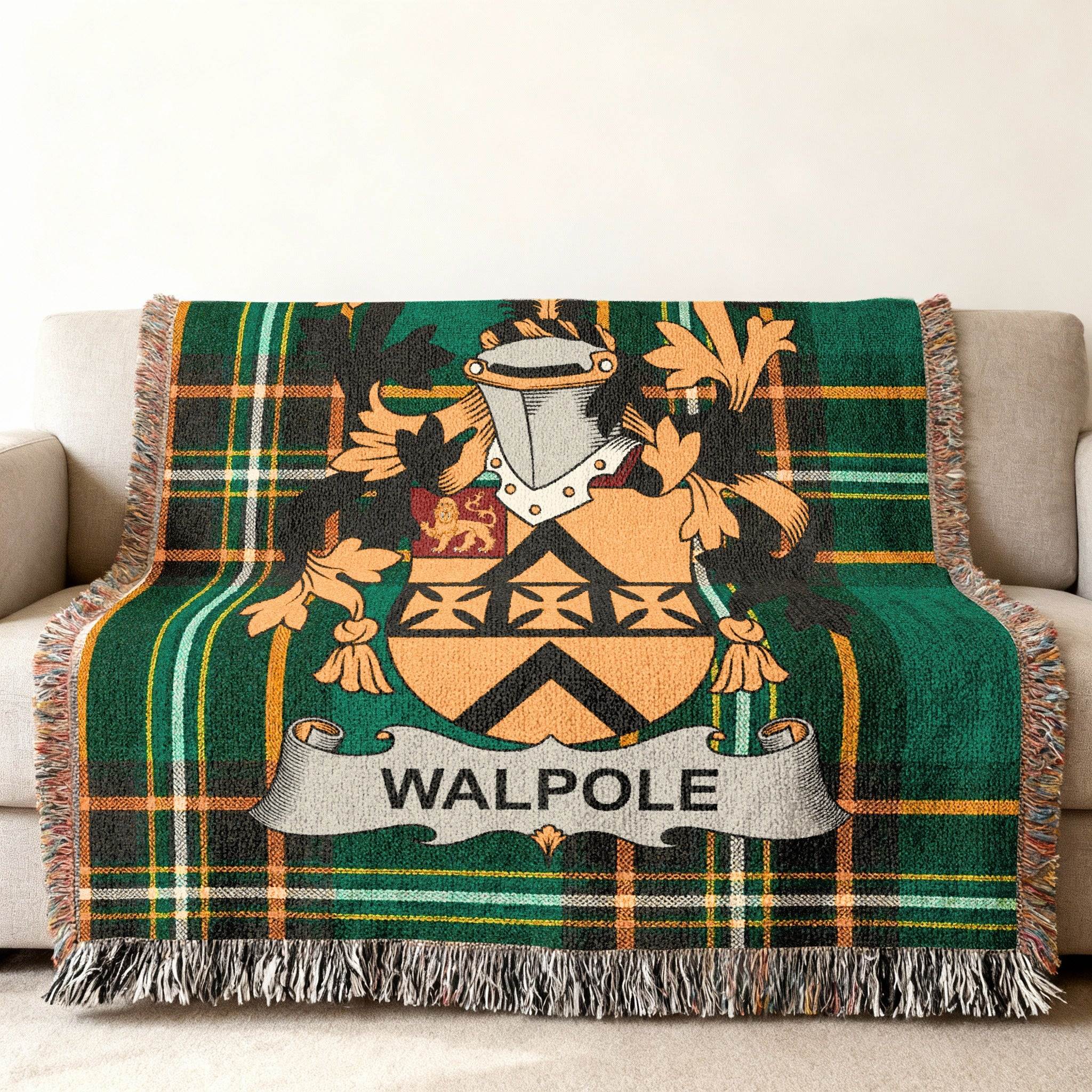 Green plaid blanket with Walpole crest.