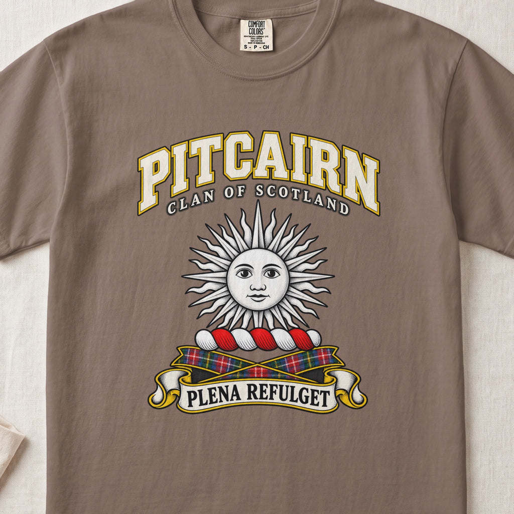 Pitcairn Scottish clan T-shirt in Espresso, front view with a silver sun with a face and motto design.
