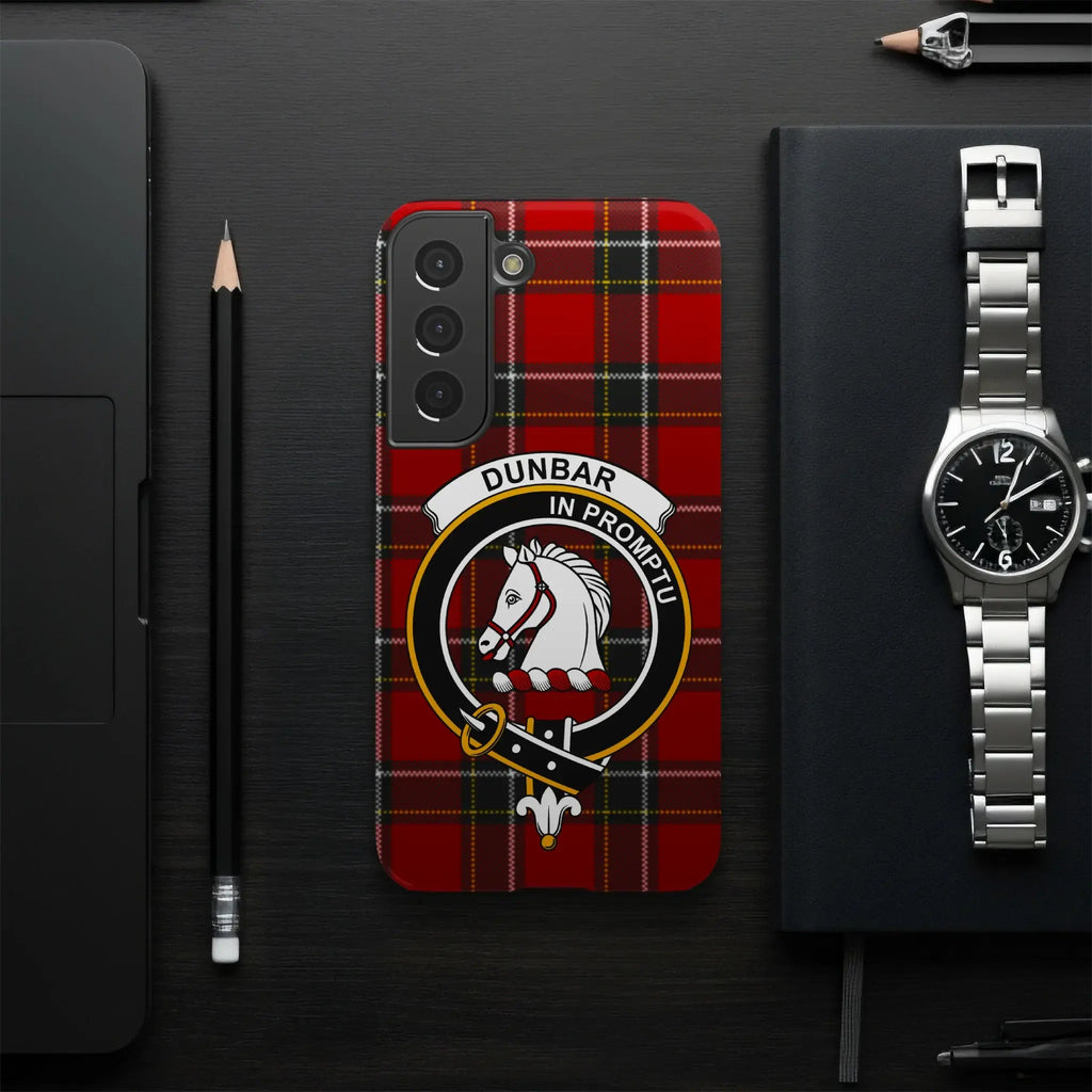 Dunbar Scottish clan crest phone case — full edge-to-edge tartan wrap, Samsung model