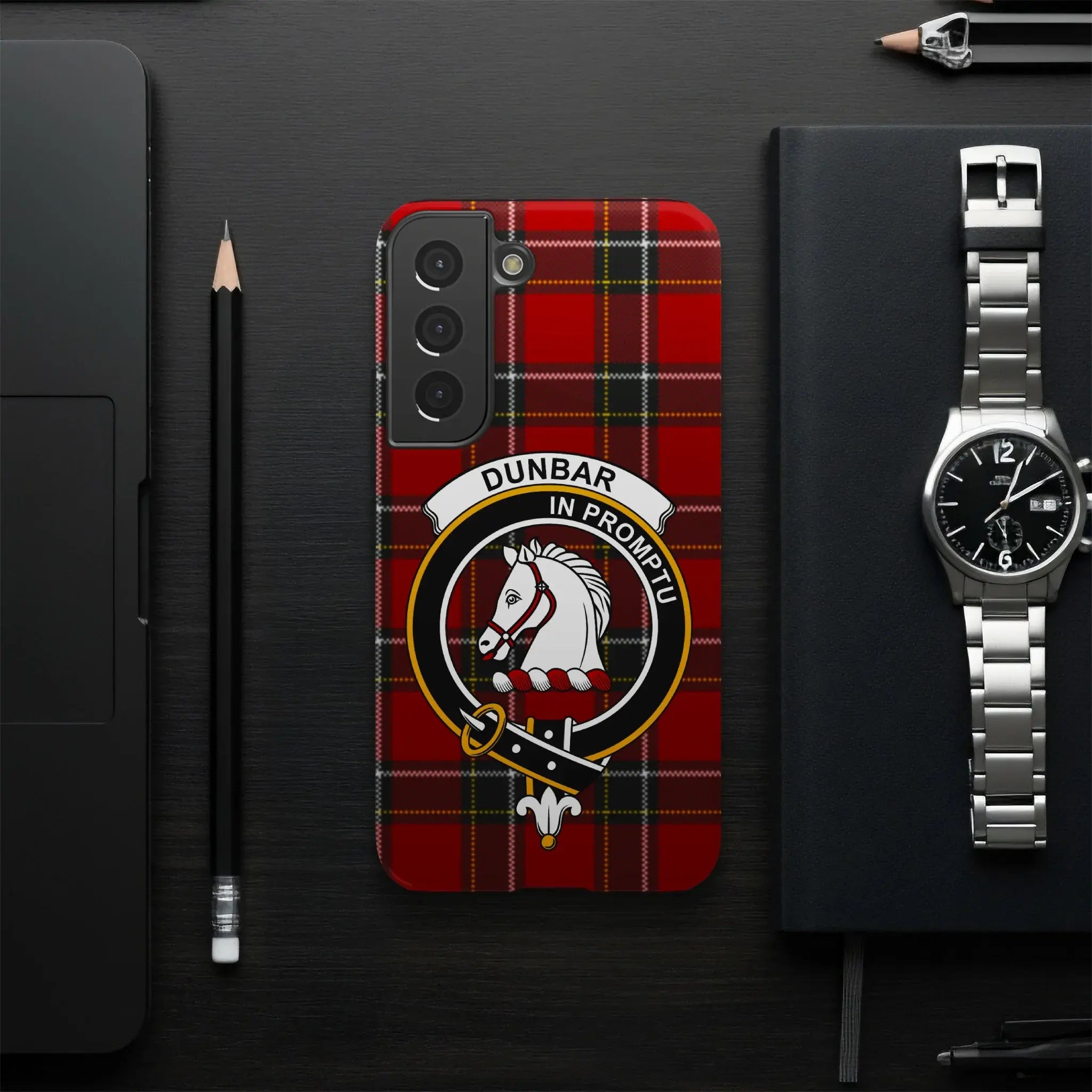 Dunbar Scottish clan crest phone case — full edge-to-edge tartan wrap, Samsung model