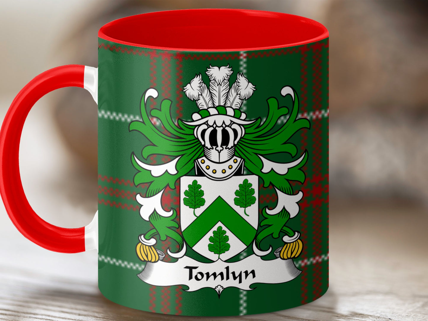 Tomlyn Welsh Surname Tartan Background Coat of Arms Mug - Living Stone Gifts