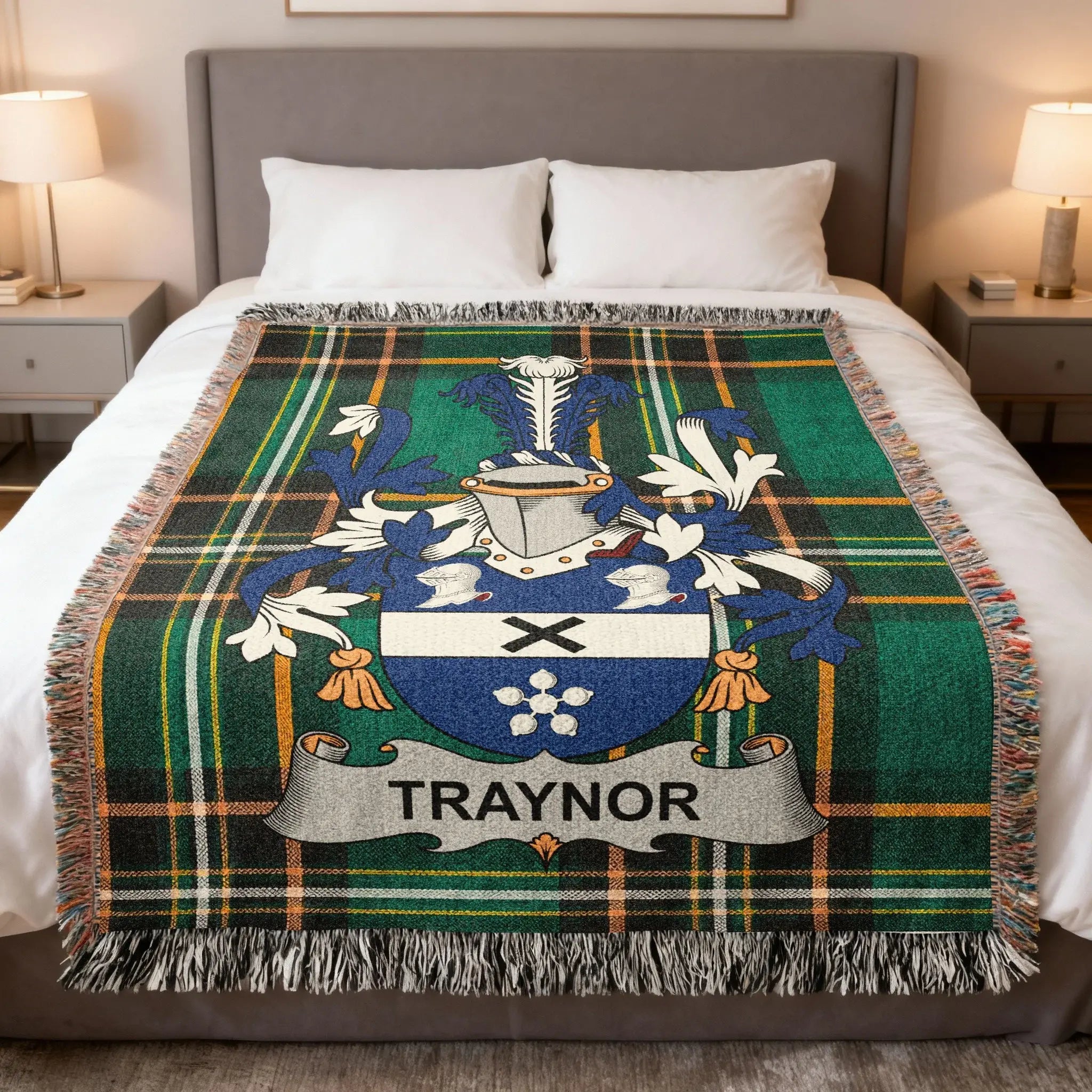 Tartan blanket with the Traynor family crest displayed.