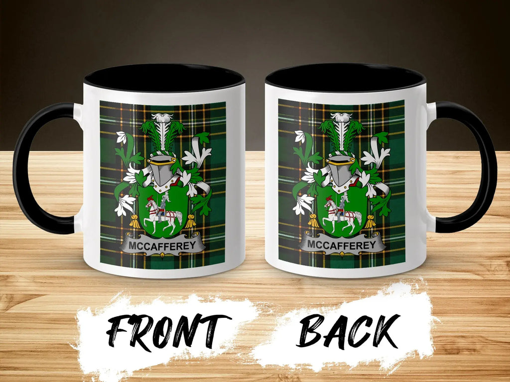 Two mugs displaying the McCafferey family crest on a tartan background.
