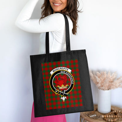 Moncreiffe Clan Crest on Tartan Background Tote Bag - Living Stone Gifts