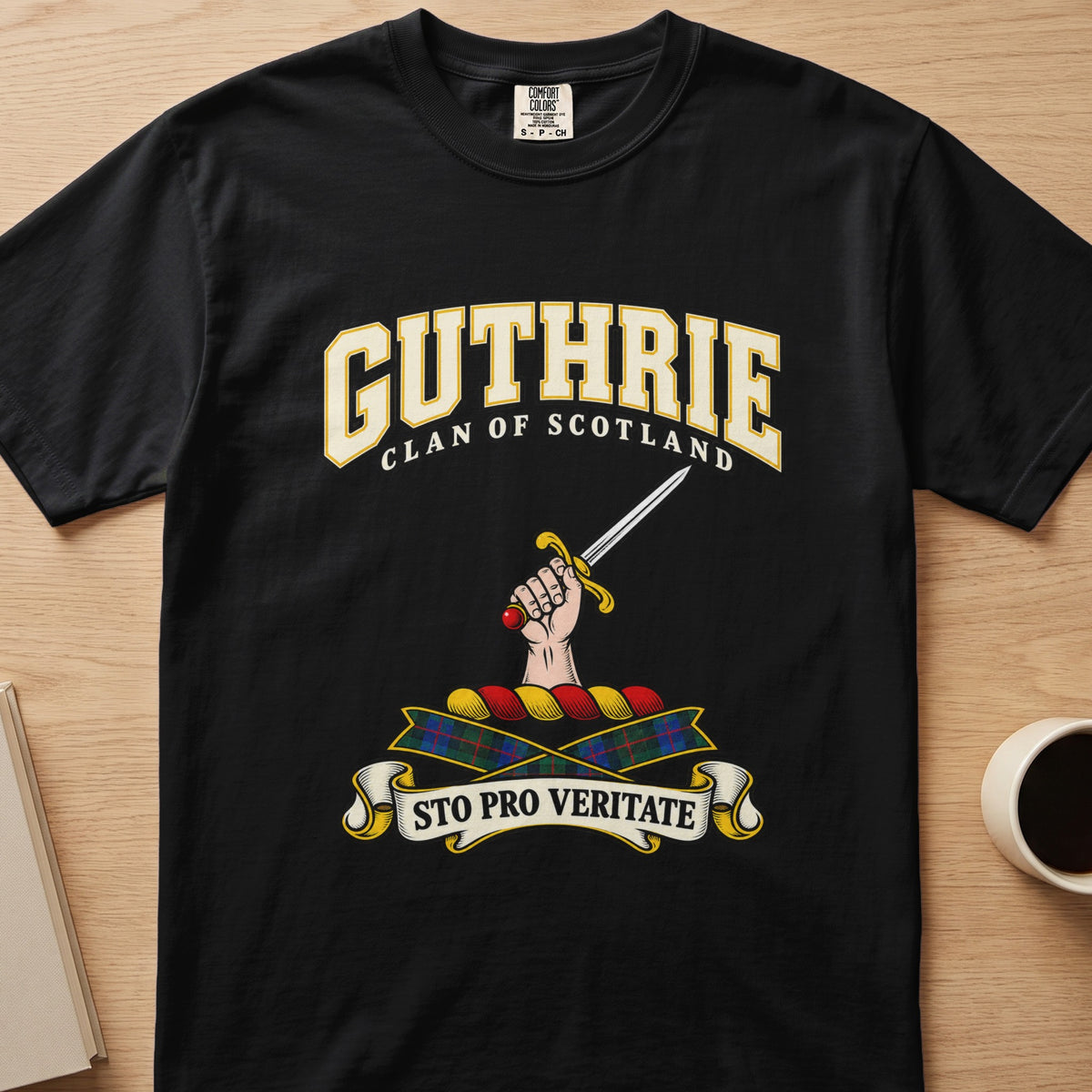 Guthrie clan crest with hand holding a silver sword on a black Comfort Colors T-shirt, front view