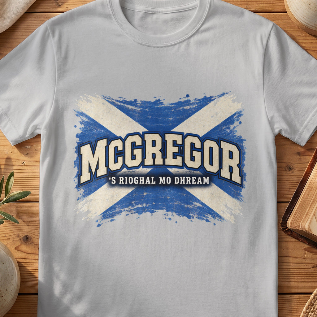 McGregor Scottish Saltire T-shirt in Sport Grey, with distressed blue and cream flag and “'S Rioghal Mo Dhream” lettering.