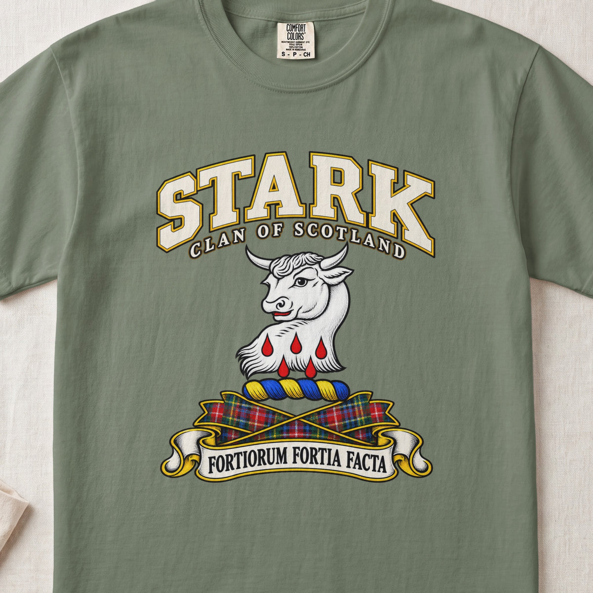 Stark Scottish clan T-shirt in Moss, front view with a white bull head with red drops below and motto banner.