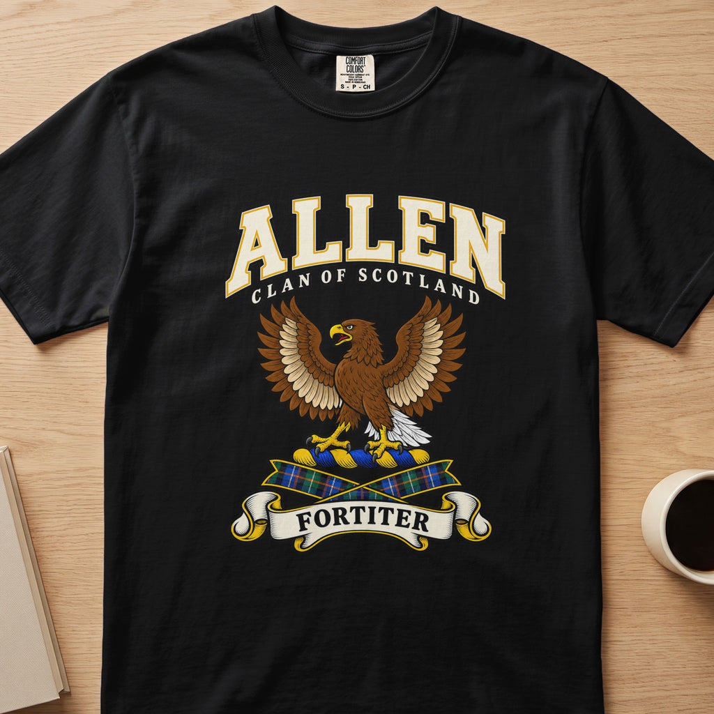 Allen clan T-shirt in black, front view with brown eagle with spread wings