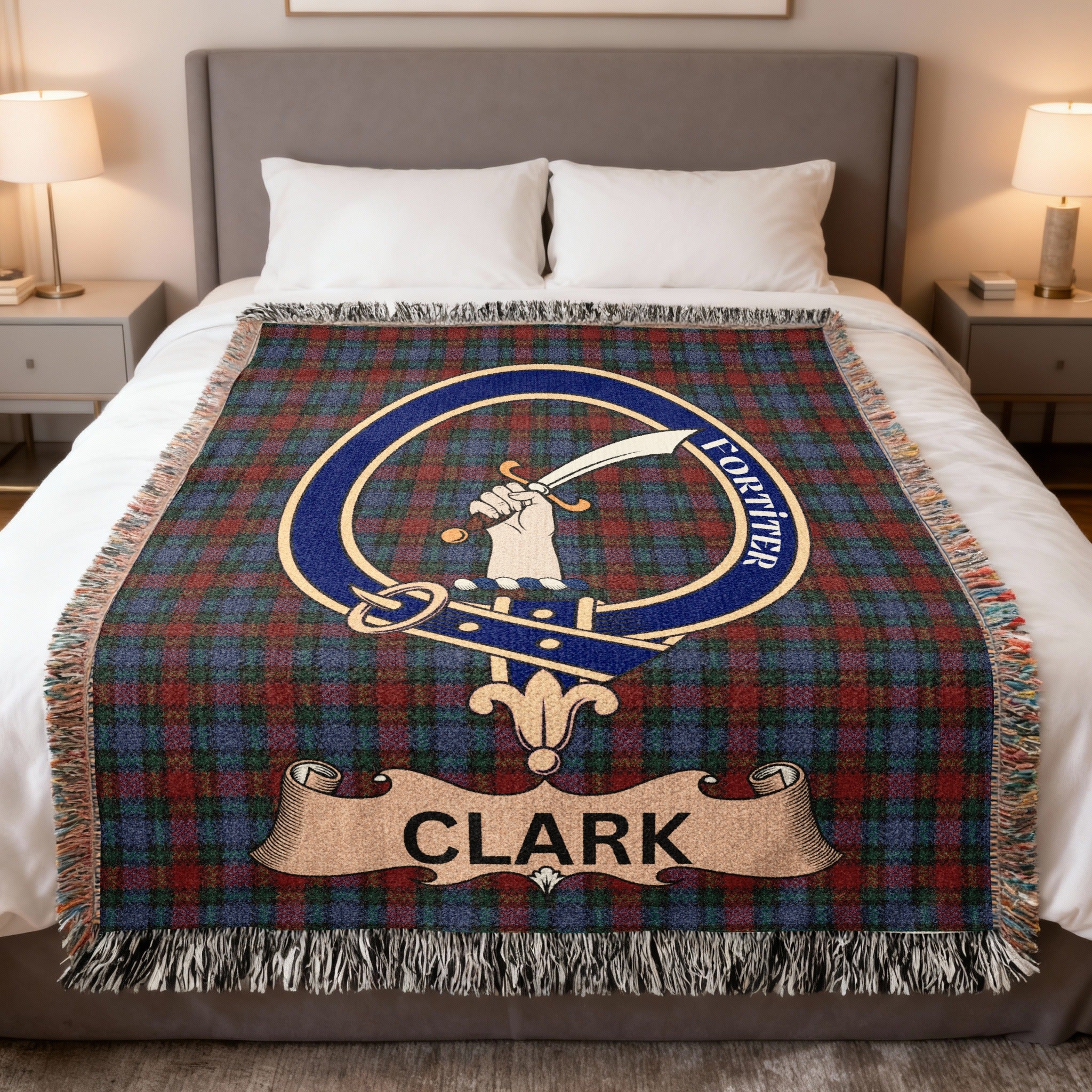 Clark clan crest tartan woven blanket with name — 100% cotton