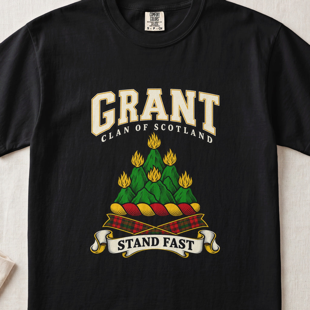 Grant graphic T-shirt in Black, front flat lay showing varsity lettering and green mountain-like mound with yellow flames.