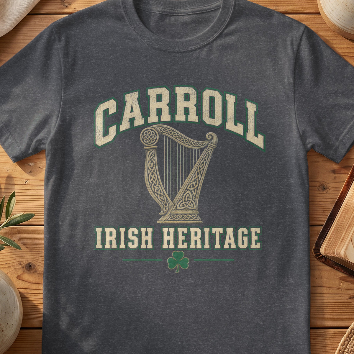 Carroll Irish Heritage dark heather gray Gildan 64000 T-shirt with Celtic harp design