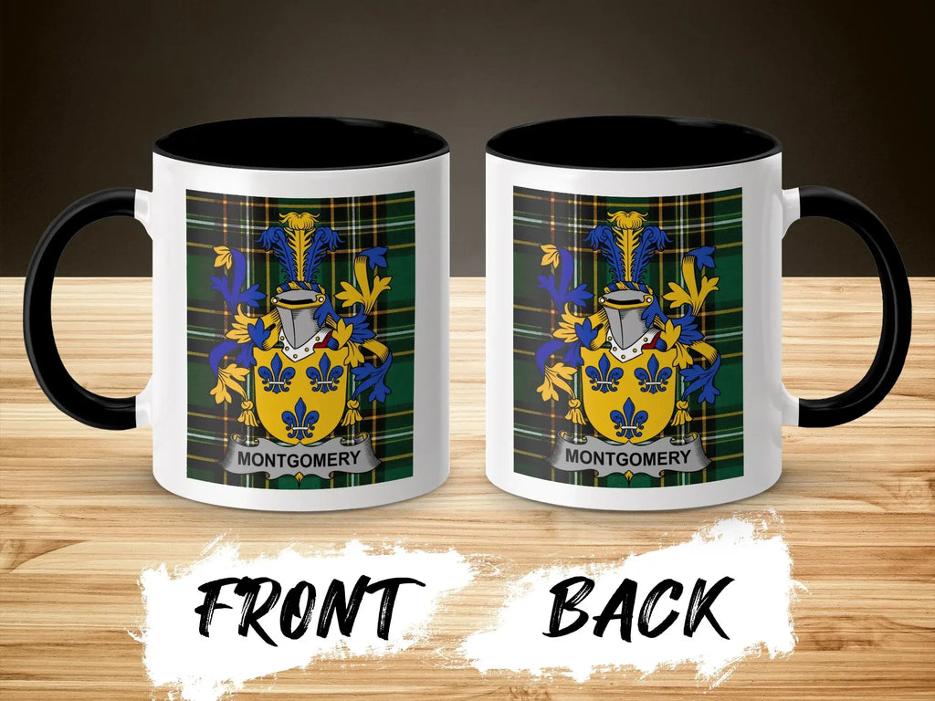 Montgomery clan crest tartan mugs shown side by side — 11oz black handle ceramic with coat of arms