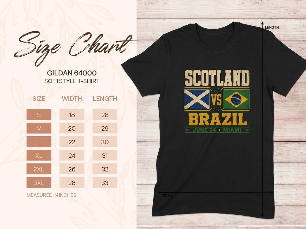 Gildan 64000 t-shirt size chart with Scotland vs. Brazil graphic.