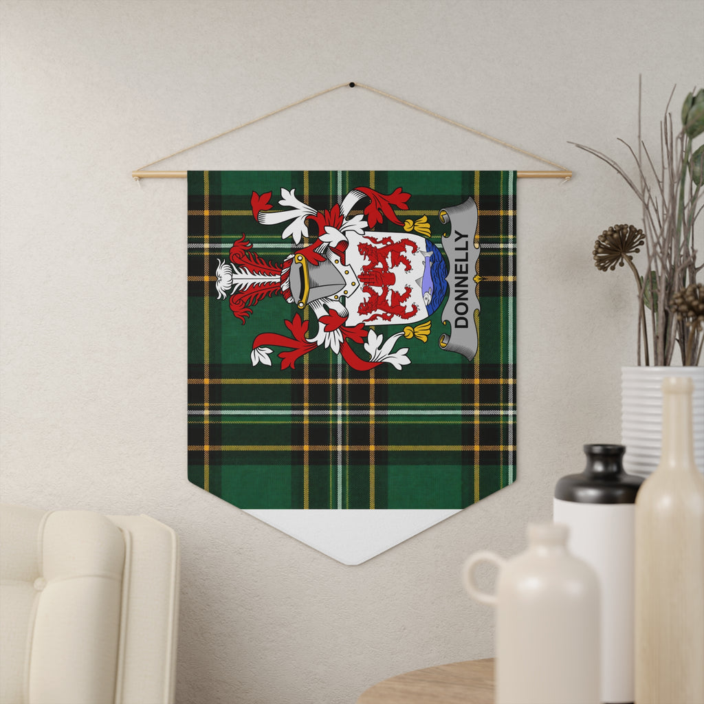 Pennant flag with Donnelly crest on green tartan background.
