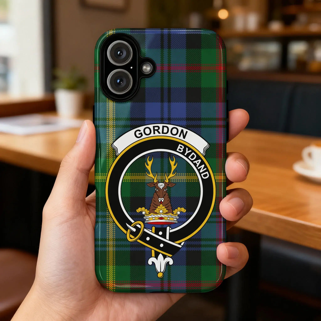 Clan Gordon Scottish tartan phone case showing edge-to-edge crest print on glossy finish