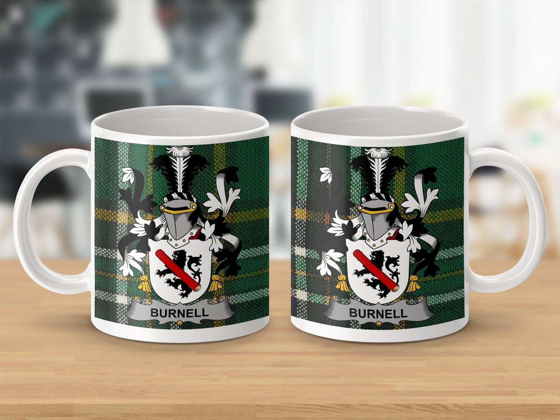 Burnell Surname Family Crest Irish Tartan Mug - Celtic Ancestry Gifts