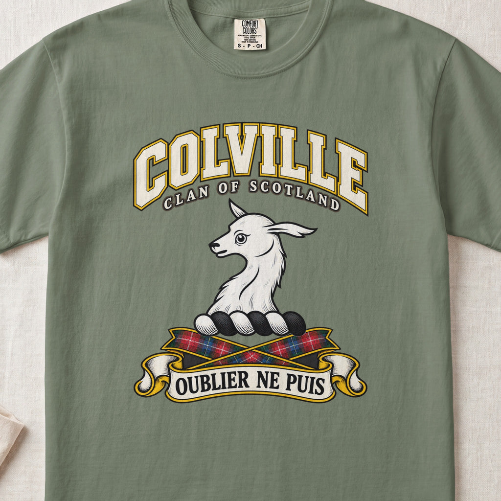 Colville Scottish clan T-shirt in Moss, front view with a white animal head and motto design.