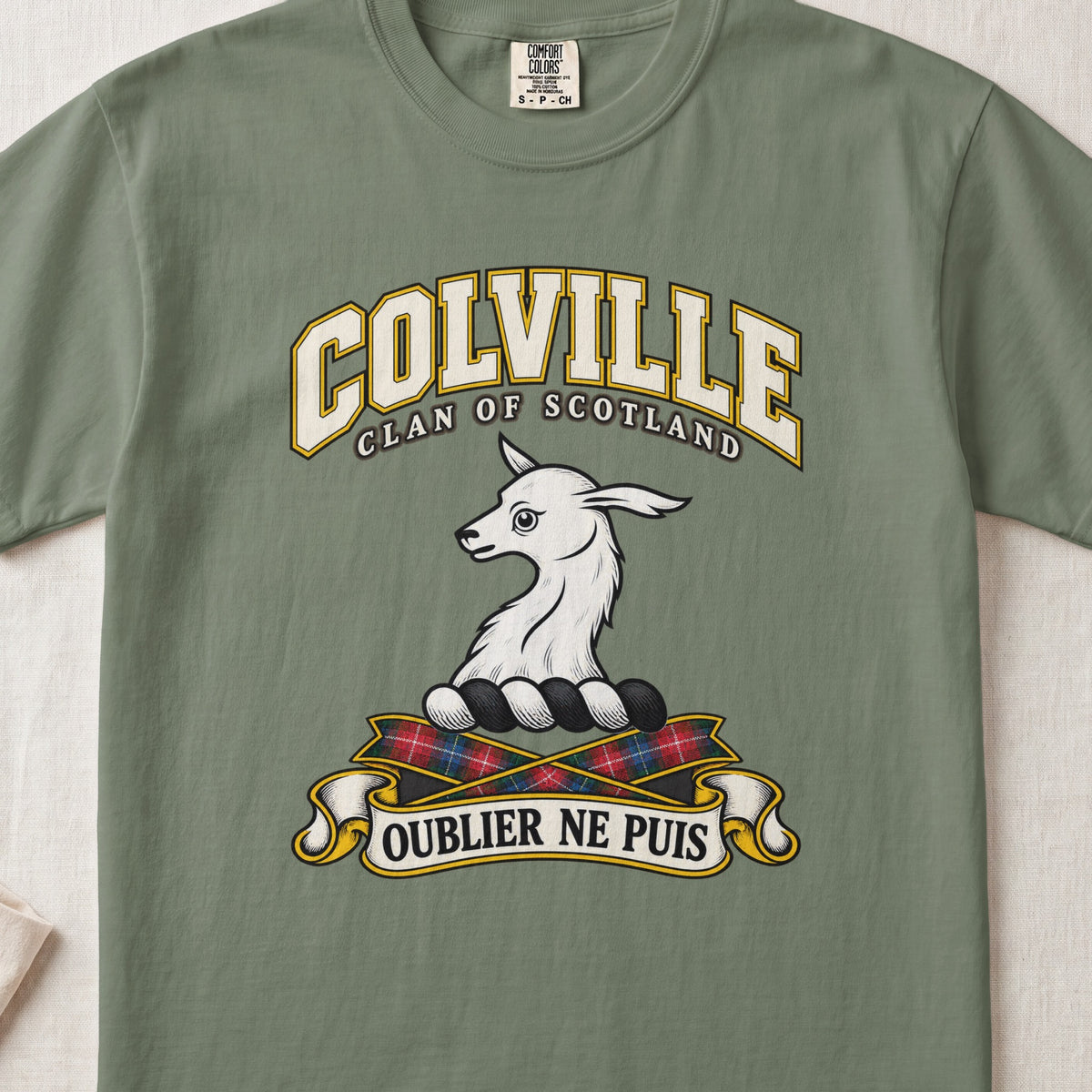 Colville Scottish clan T-shirt in Moss, front view with a white animal head and motto design.