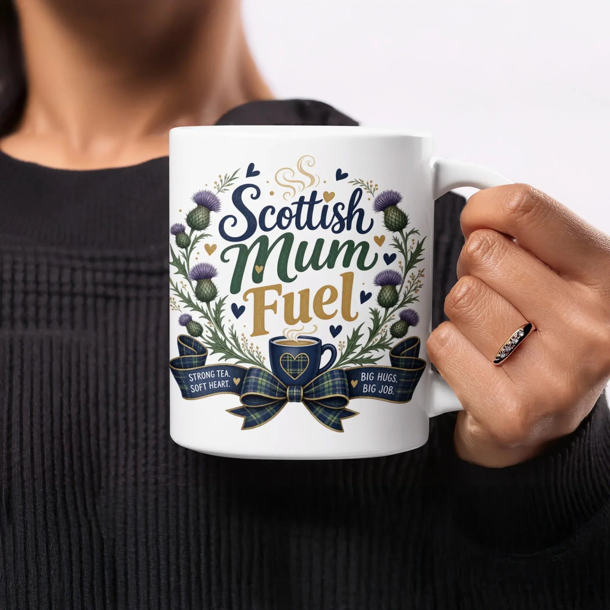 Mug with Scottish Mum Fuel text, thistles, and ribbon.