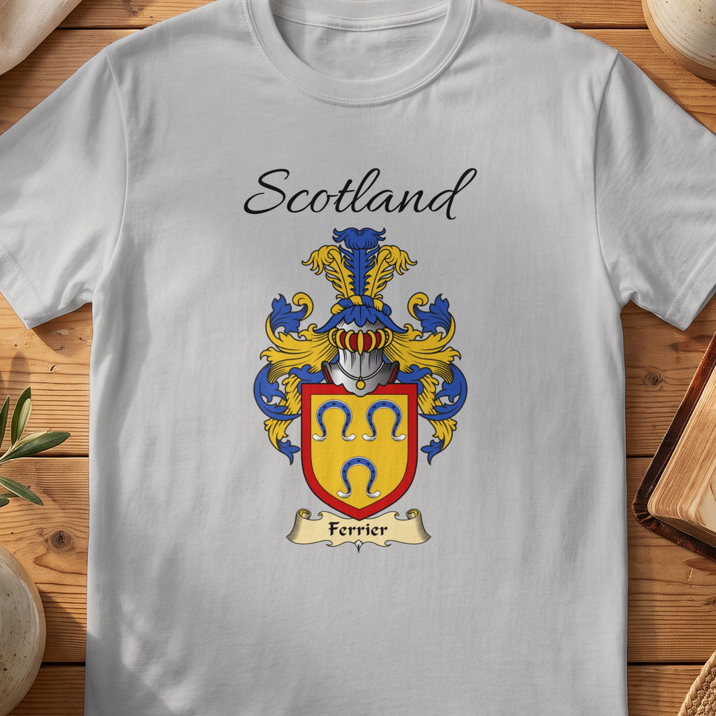 Sport Grey Ferrier Scottish family shield T-shirt featuring three blue horseshoes on gold