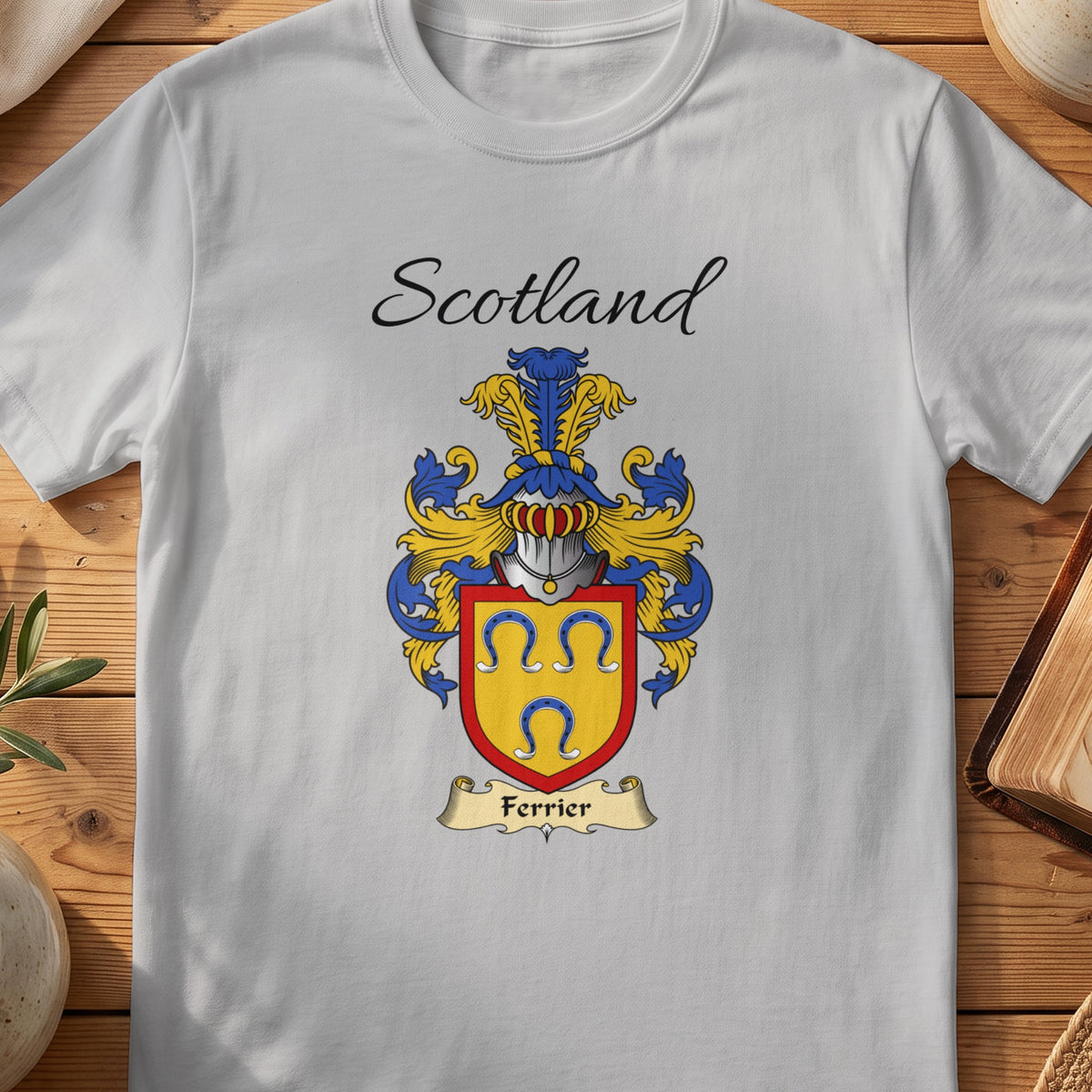 Sport Grey Ferrier Scottish family shield T-shirt featuring three blue horseshoes on gold