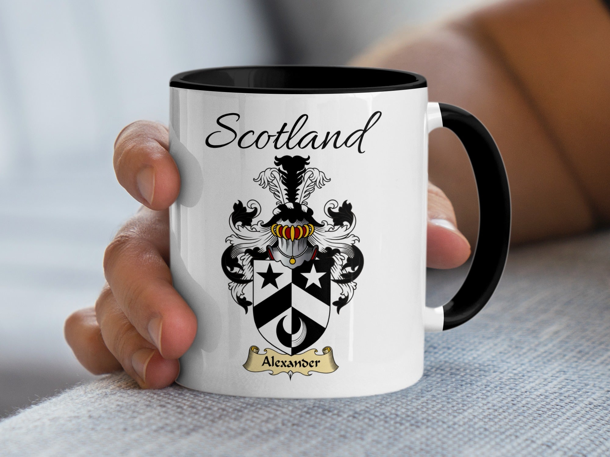 Alexander Scottish family crest accent mug with Scotland above the coat of arms design
