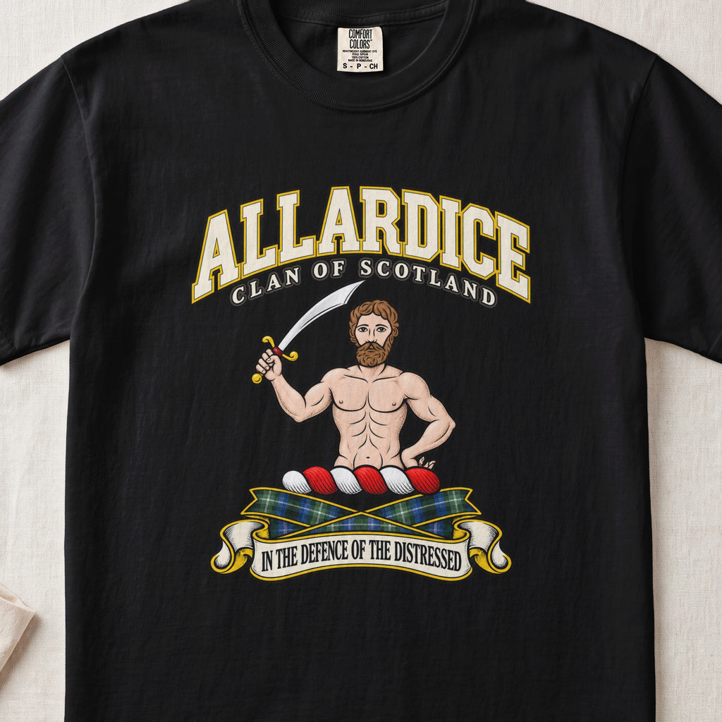 Allardice Scottish clan T-shirt in Black, front view with a bearded figure holding a curved sword and motto design.