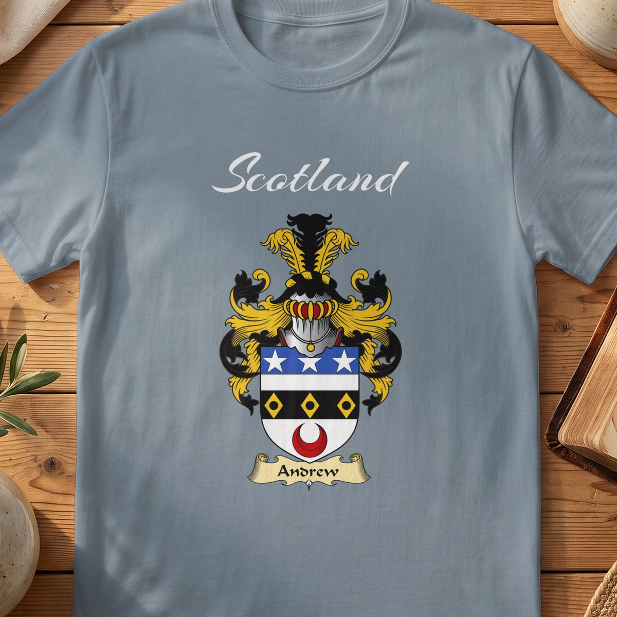 Andrew Scottish family shield T-shirt in Stone Blue