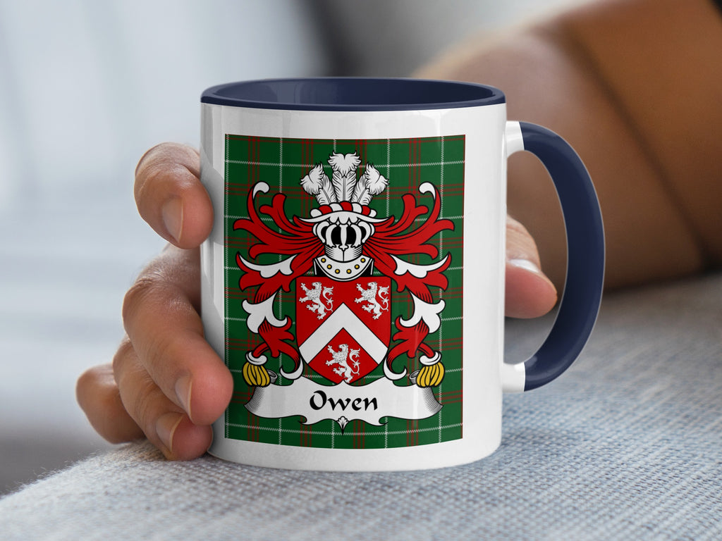 Owen Welsh family crest mug with navy accent and coat of arms on plaid tartan